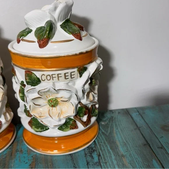 Vintage Floral Ceramic Canister Set-3-D Floral Design Coffee Tea Sugar - Picture 3 of 14